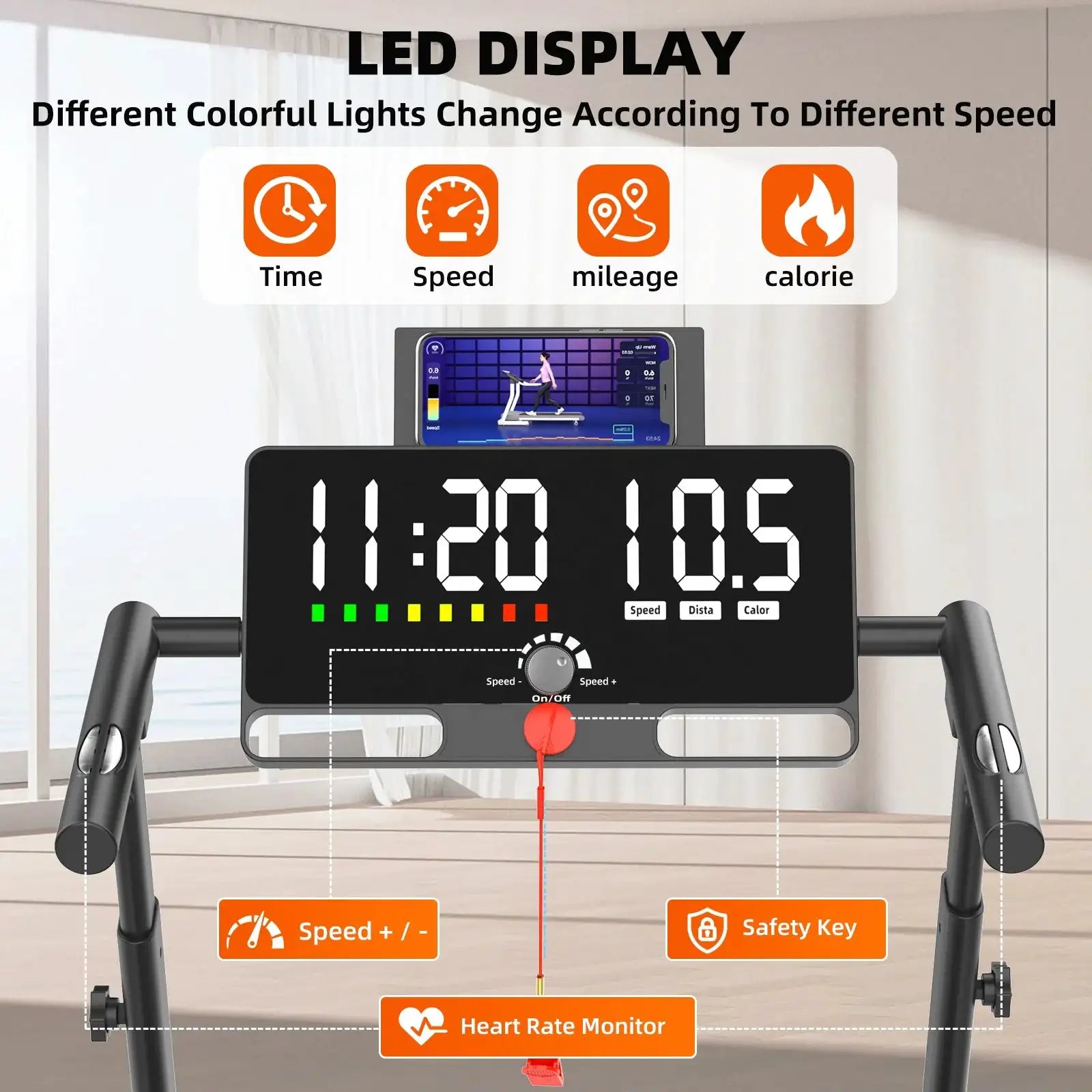 Portable Treadmill with Adjustable Armrest & Atmosphere Lights Big LED Screen Foldable Walking Pad for Office Home Fitness