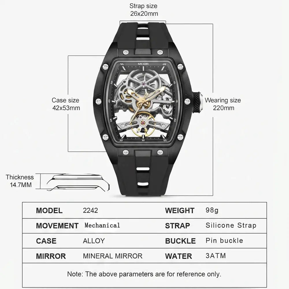 MEGIR Tonneau Skeleton Mechanical Watch Men Sport Wristwatch Silicone Strap Luxury Hollow Dial Male Automatic Mechanical Watches