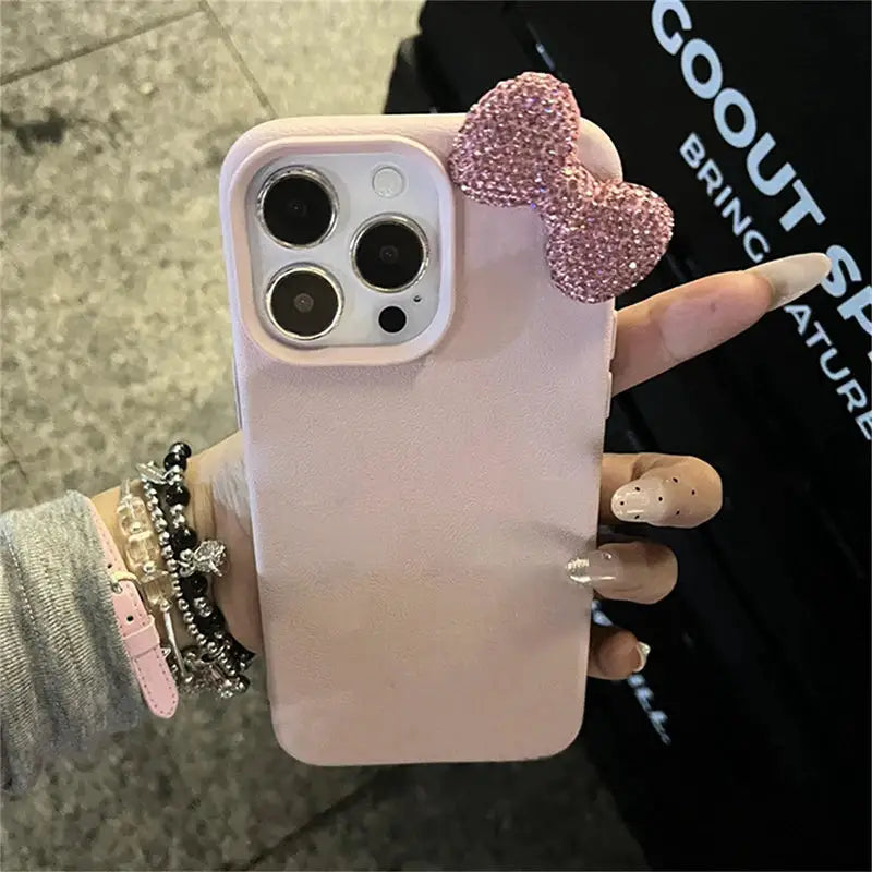 Luxury Rhinestone Bow Litchi Pattern Leather Shockproof Phone Case For iPhone 18 16 15 14 13 12 11 17 Pro Max X XS 7 Plus Case