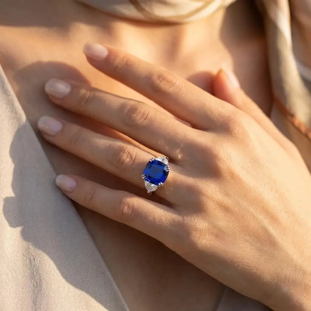 Royal Blue CZ Ring, Sterling , Three Stone Cushion Cut — product view 4