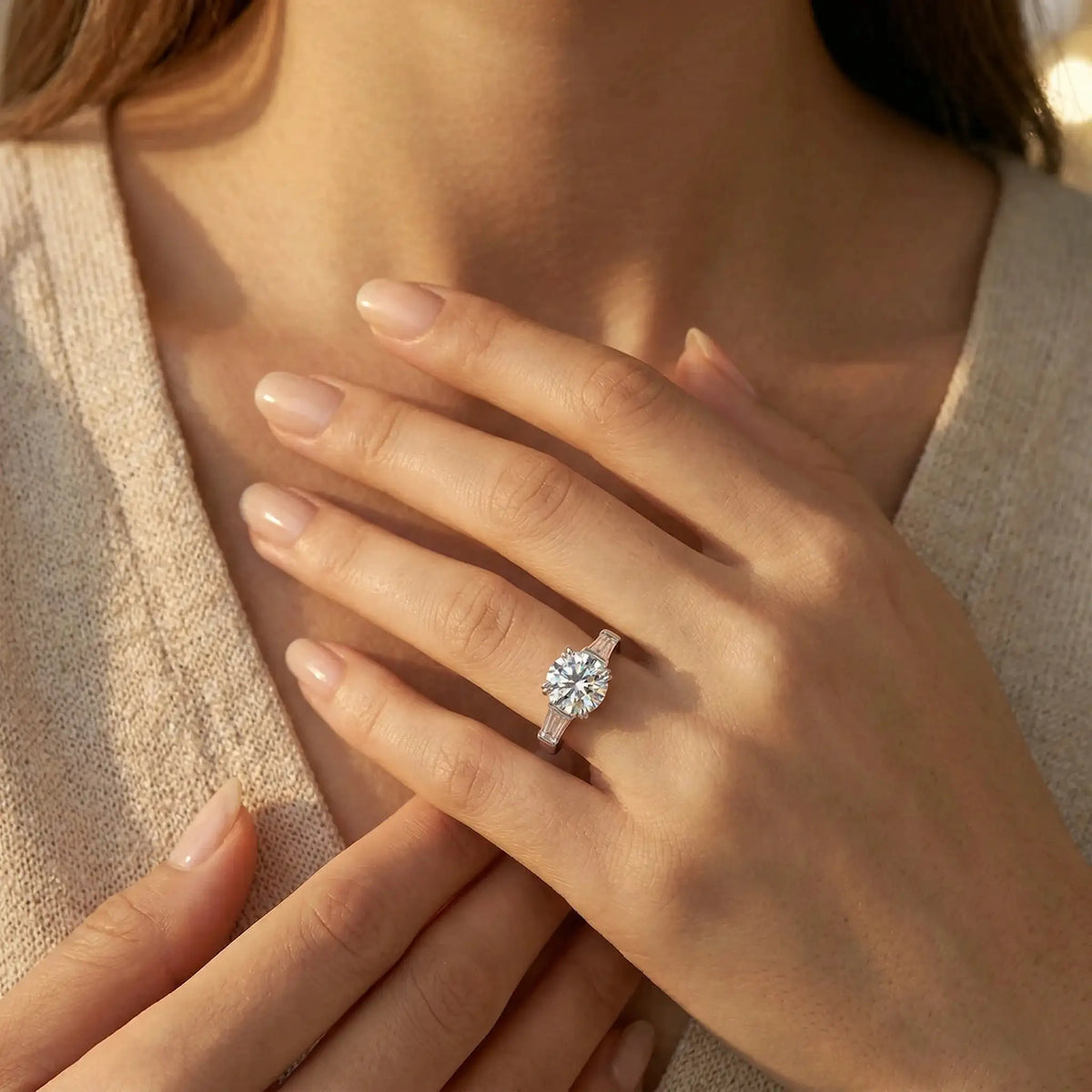 Moissanite Ring in Sterling Silver Baguette — product view 5