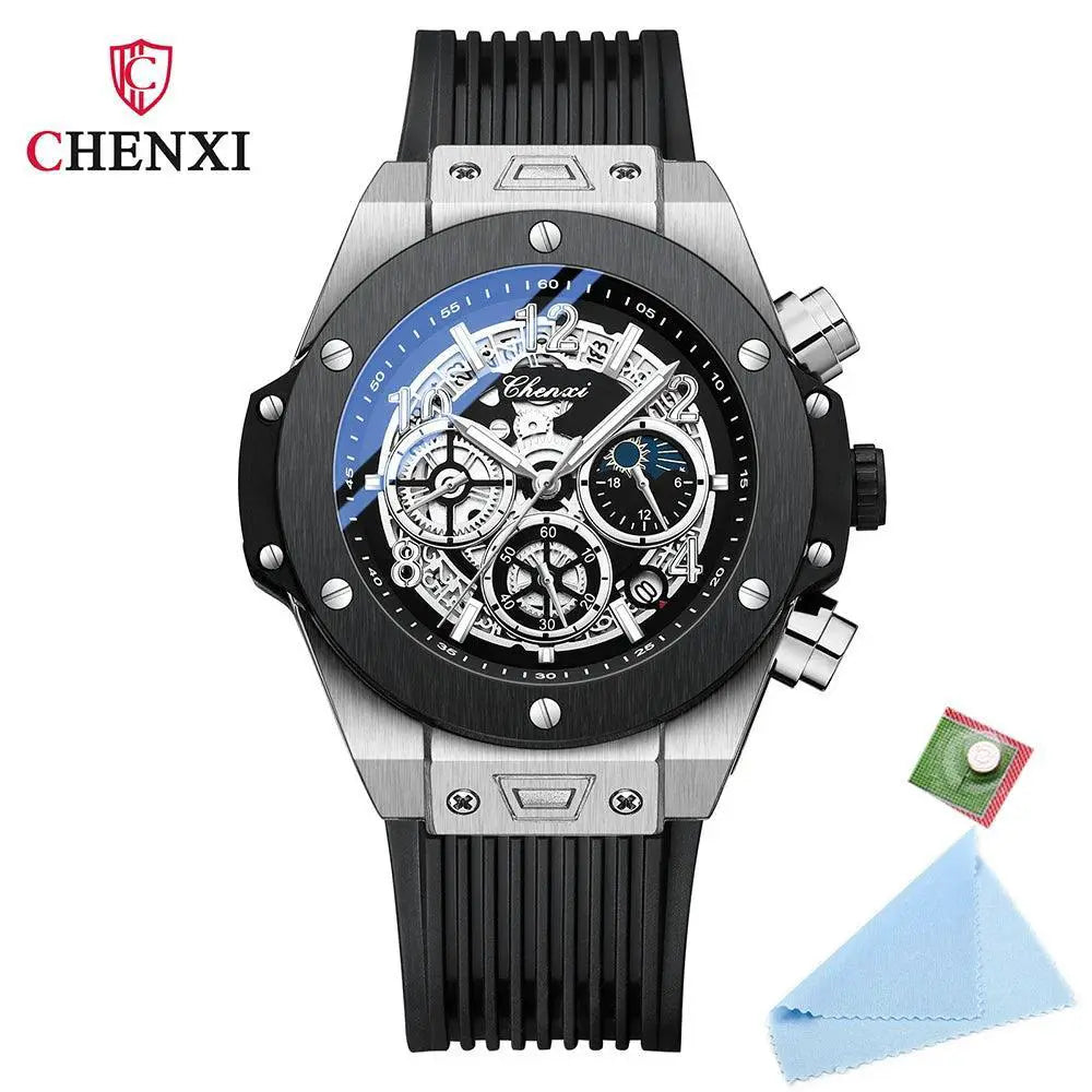 Black Silicone Moon Phase Chronograph Waterproof Watch