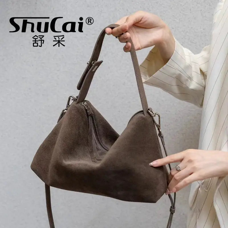 Genuine Grade Autumn Winter Big Boston Luxury Designer Tote Soft Matte Suede Leather Women Handbag Female Shoulder Crossbody Bag