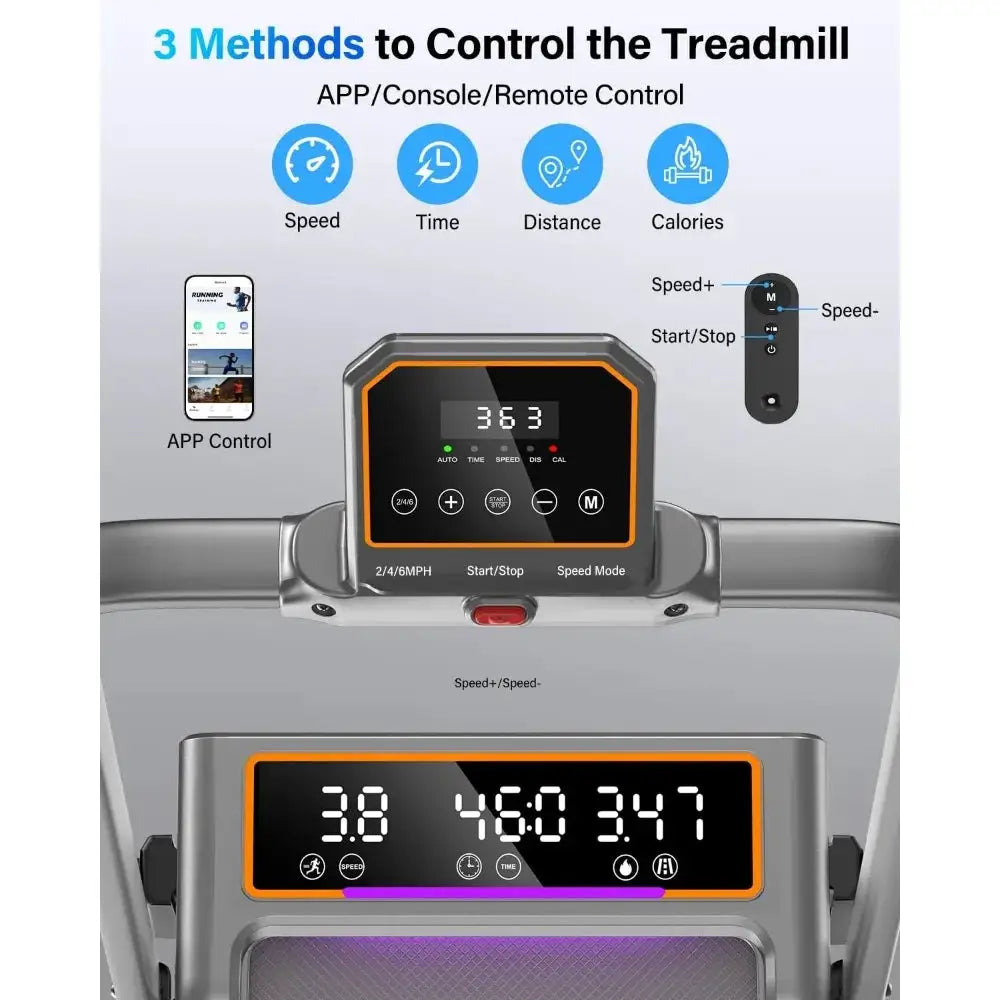 Foldable Walking Pad Treadmill with Adjustable Incline, 2 Screen Display, and RGB Light for Home Use