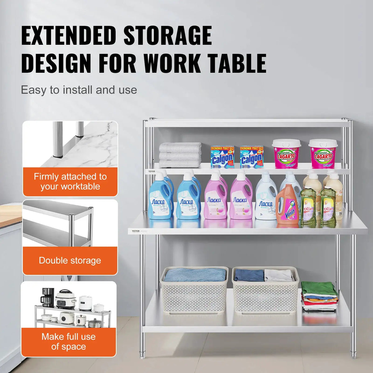 SucceBuy Stainless Steel kitchen worktable Overshelf with Height — product view 4