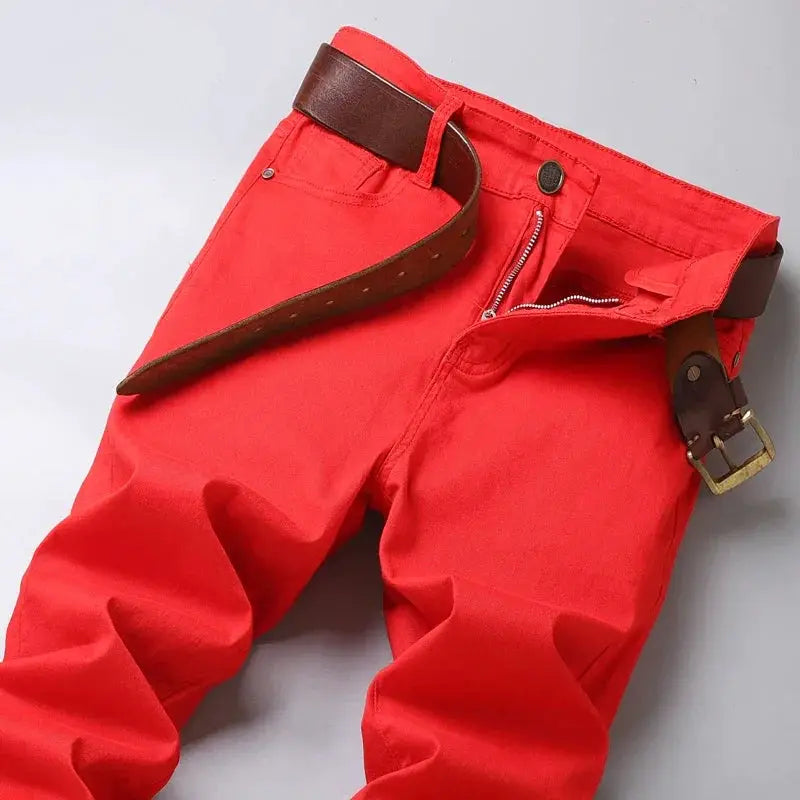 Red White Jeans Men's Stretch Cotton Denim Pants Classic
