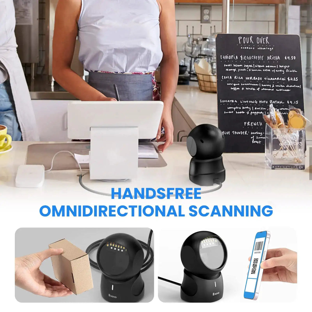Eyoyo EY-5500 Hands-free Omnidirectional Barcode Scanner QR Code Automatic Sensing Scanning 1D&2D Desktop Barcode Scanner, USB Wired Bar Code Reader Screen Scanning for POS Supermarket Library Bookstore