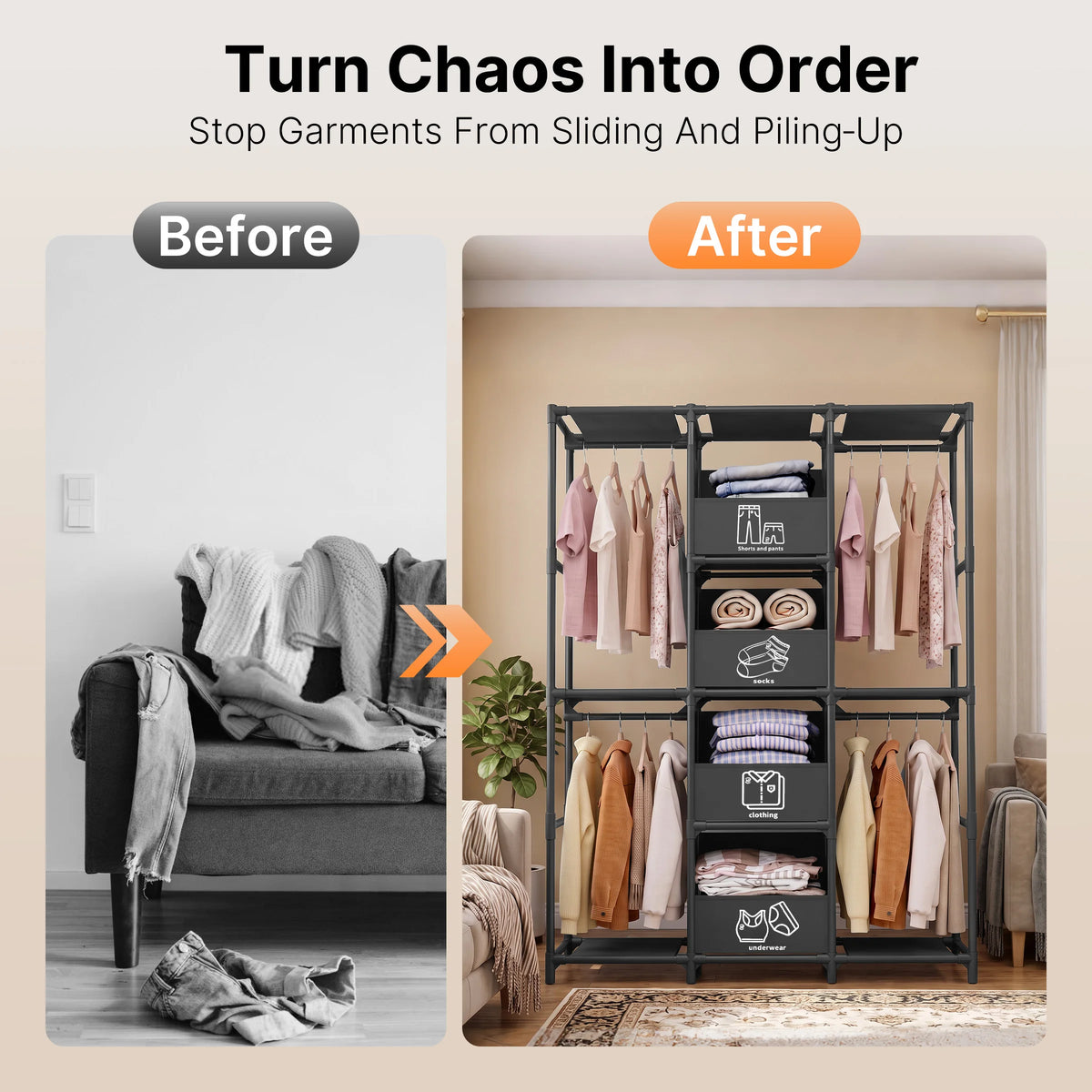 Freestanding Wardrobe Closet Dustproof Hanging Rods & Drawers — product view 4