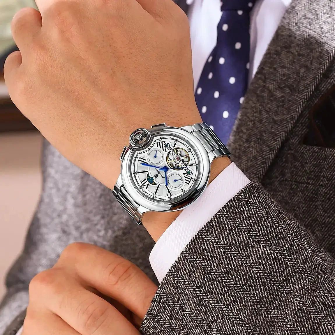 POEDAGAR Top Fashion Man Wristwatch Tourbillon Date Week Stainless Steel Men Watch Waterproof Automatic Mechanical Men's Watches