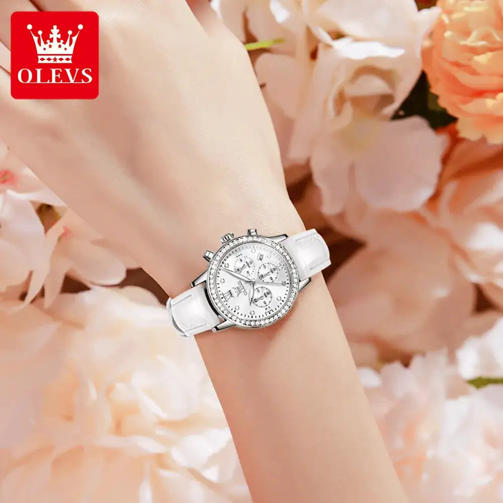 OLEVS 9933 Women' Watches Luxury Brand Diamond Quartz Wristwatch Waterproof Luminous Leather Strap Multifunction Ladies Watch
