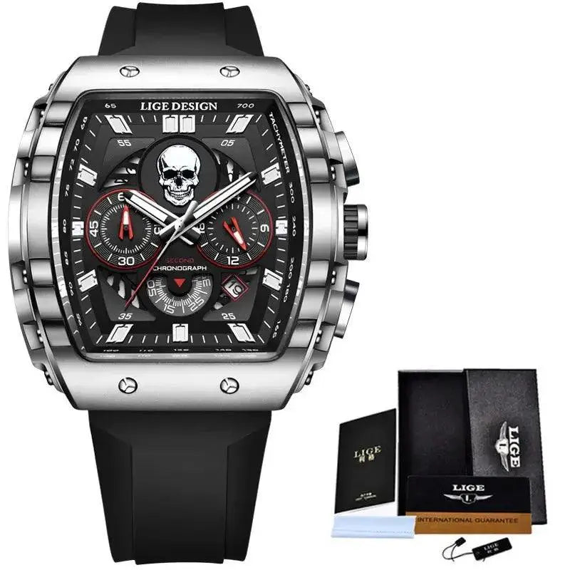 LIGE Skull Mens Chronograph Watch Stylish Quartz Wristwatch