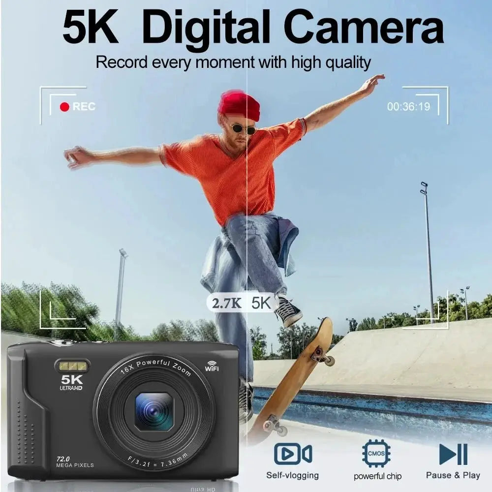 Ourlife 5K 72MP Compact Digital Camera With Two Point Eight Inch LCD 16X Zoom - stepyours.com