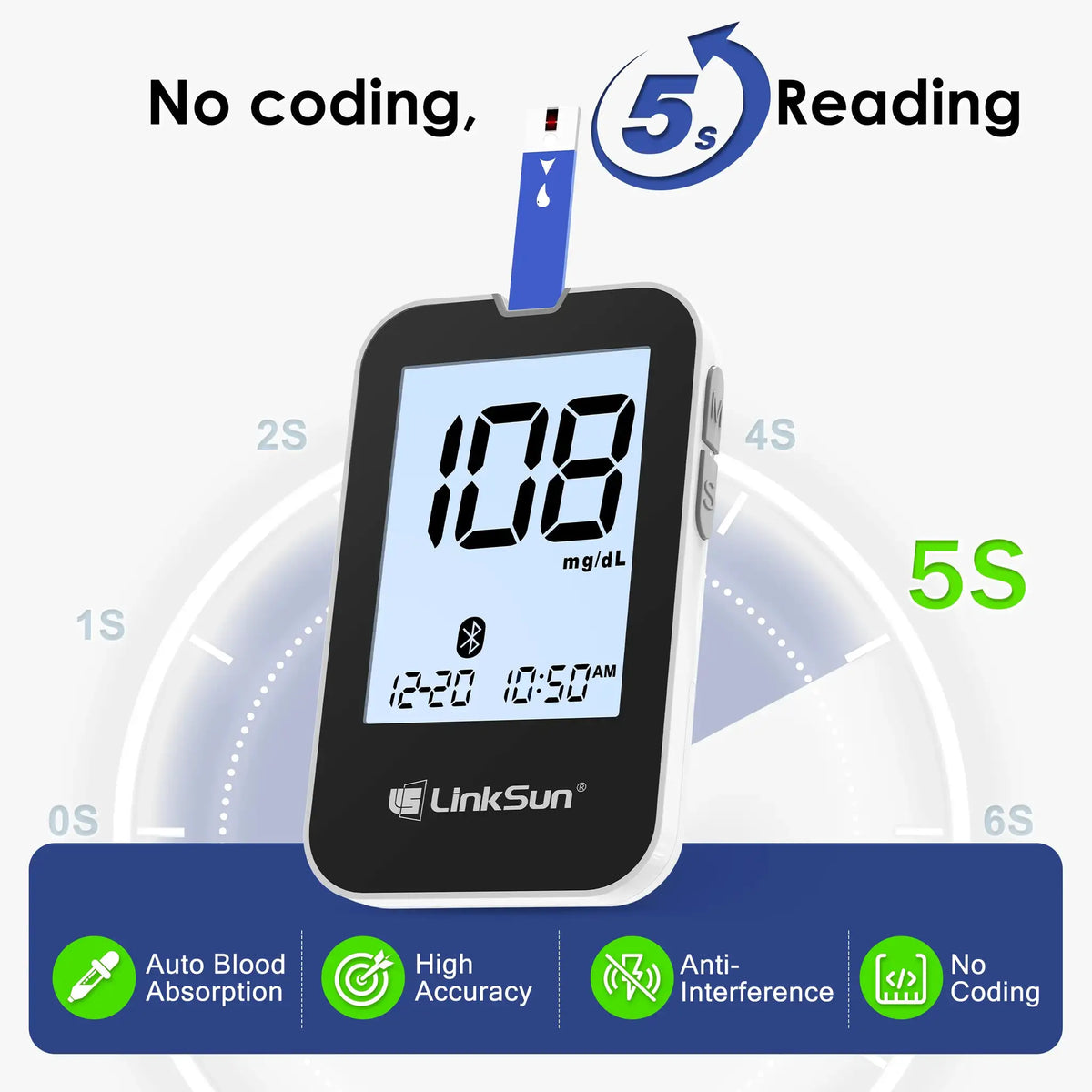 LinkSun G-427B Bluetooth Blood Sugar Testing Kit 50/100 Test Strips High Accuracy Large Display Blood Glucose Monitor Travel Bag