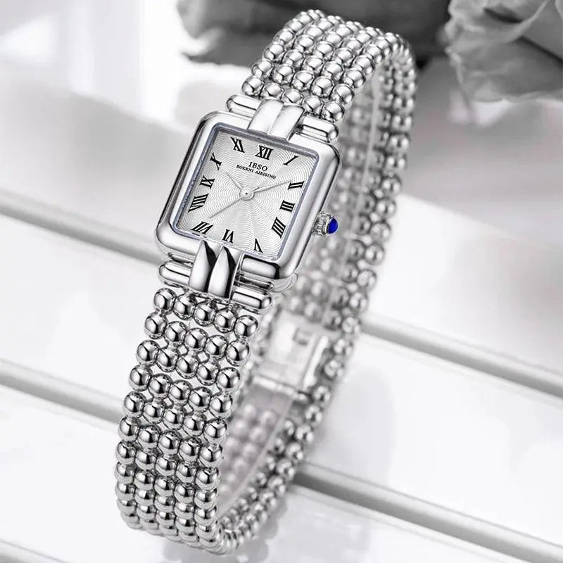 Luxurious Square Dial Silver Steel Womens Watch Timeless