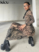 Kliou Mesh Vintage Prints Maxi Dress Women Sheer Long Sleeve Bodycon Party Dress