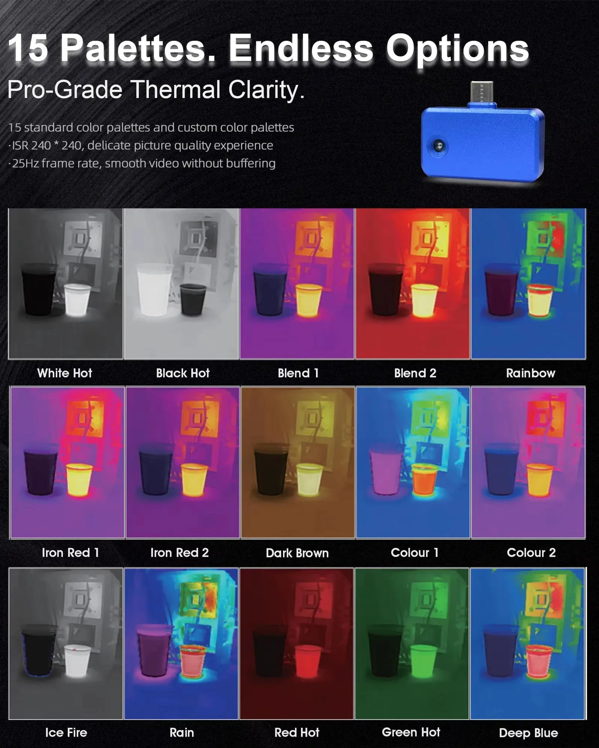 Thermal Camera for Phone 96x96 IR, 240x240 Super Res, -20~600°C, USB-C Android/iOS, 15 Palettes, 40mK, Manual Focus