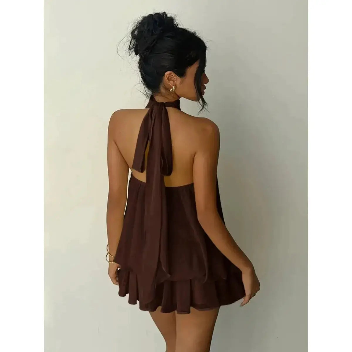 Women's Halter Neck Dress, Backless Tie-Front Chiffon Sheer Mini Skirt, Fashionable Sexy Y2K Vintage Cute Party Birthday Dress