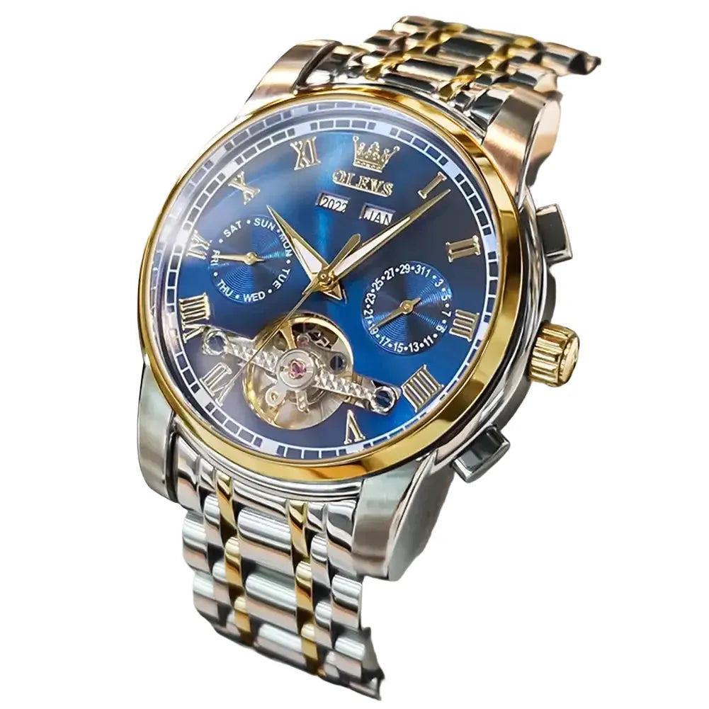 OLEVS Men's Watches Automatic Mechanical Business Wristwatch Waterproof Stainless Steel Strap Watch for Man Skeleton Calendar