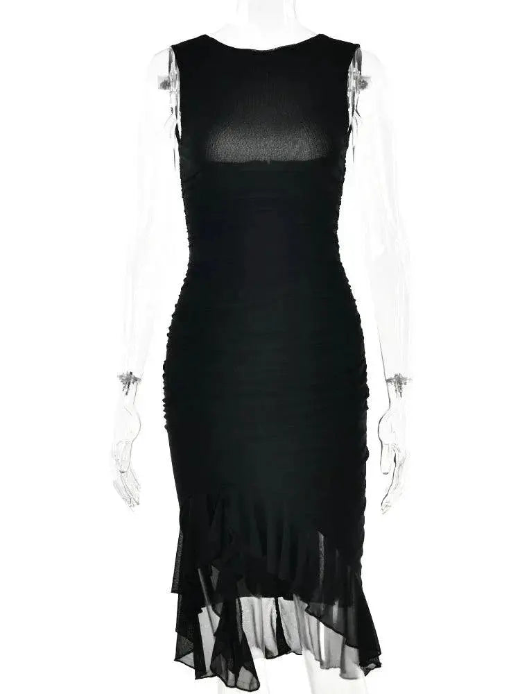 Elegant Backless Ruffled Midi Dress Chic Irregular Hemline