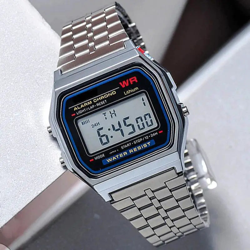 LED Steel Band Wristwatch With Alarm Stopwatch Timepiece