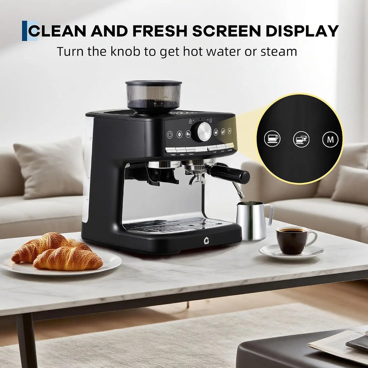 Stainless Steel Espresso Machine with Grinder – , Metal — product view 2