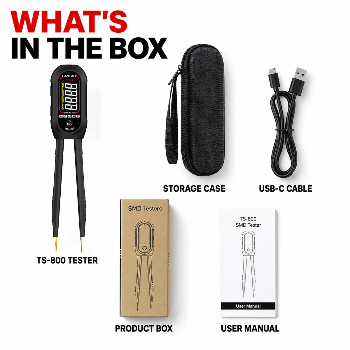 TS800 Smart Tweezers LCR Meter SMD Tester Auto Range Voltage Resistance Capacitance Diode Continuity USB Rechargeable Test Tools