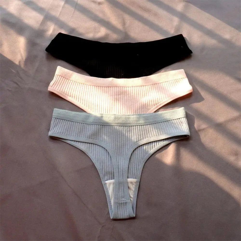 3 Pcs Seamless Ladies Ribbed Cotton Thong Set For Comfort