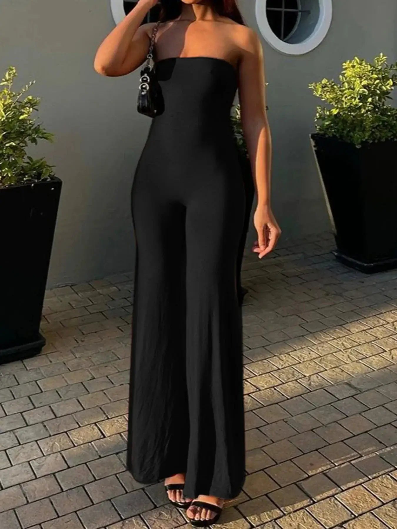 Sweetown Black Strapless Elegant Long Jumpsuits For Women - OurLum.com