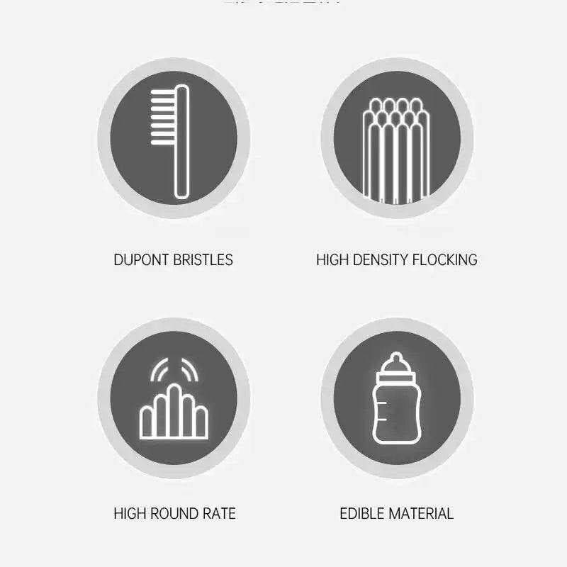 Oral care icons showing Dupont bristles, high density flocking, high round rate, edible material