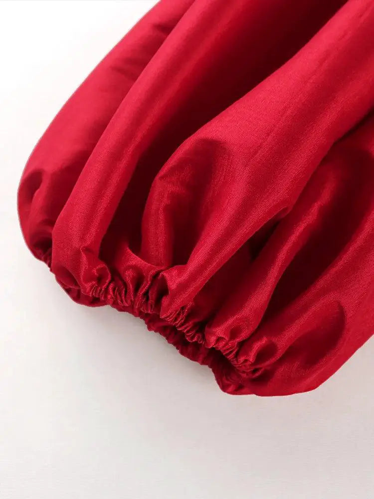 Ravishing Red Peplum Dress Lantern Sleeves Evening Wear