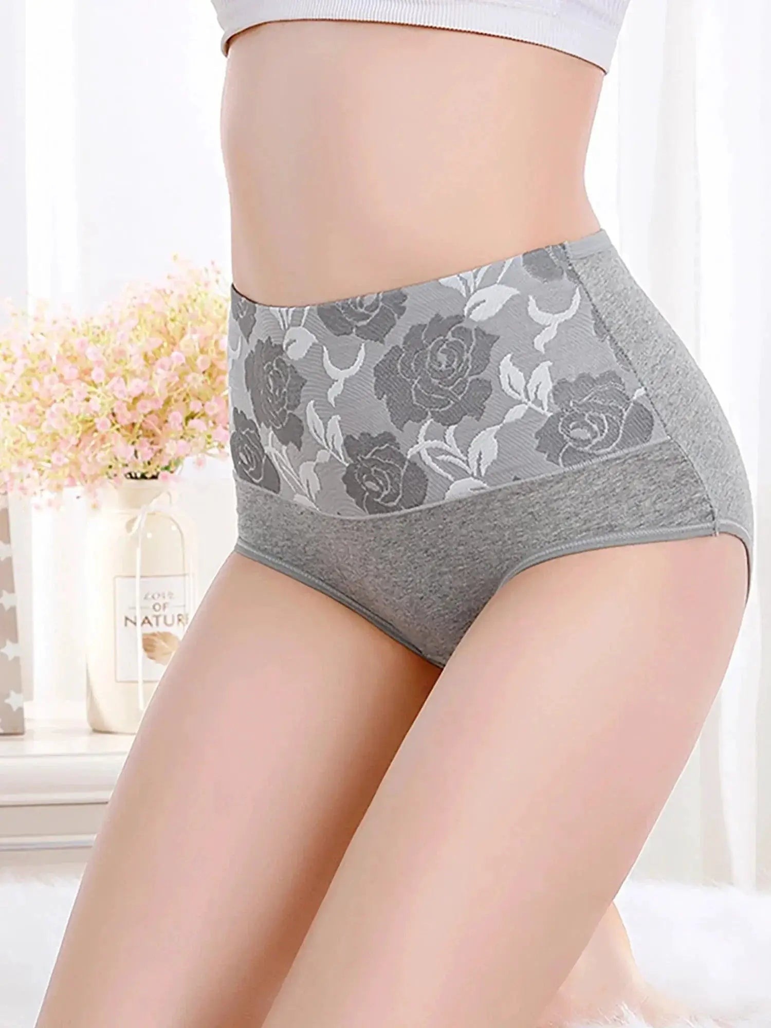 Luxury Cotton Panties Set Floral And Solid High Waist Briefs