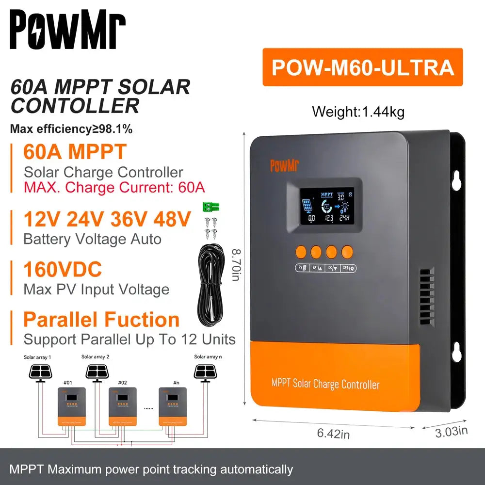 PowMr MPPT 60A 160V Plus Version Solar Charge Controller DSP Regulator Work For Solar Battery 12V 24V 36V 48V Solar Panel
