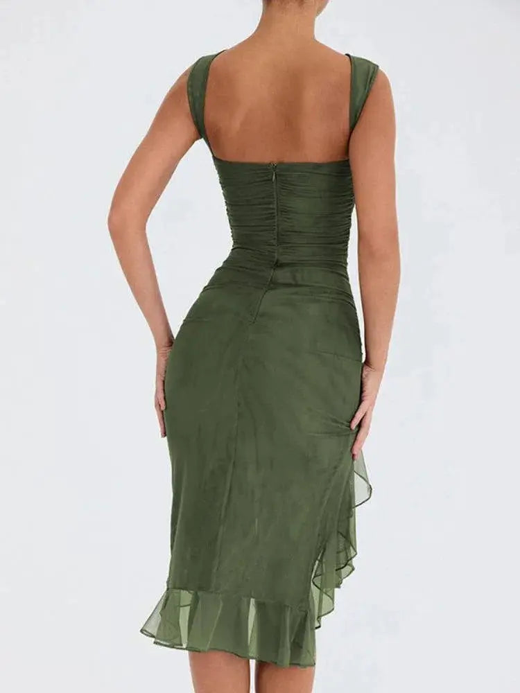 Elegant Backless Ruffled Midi Dress Chic Irregular Hemline