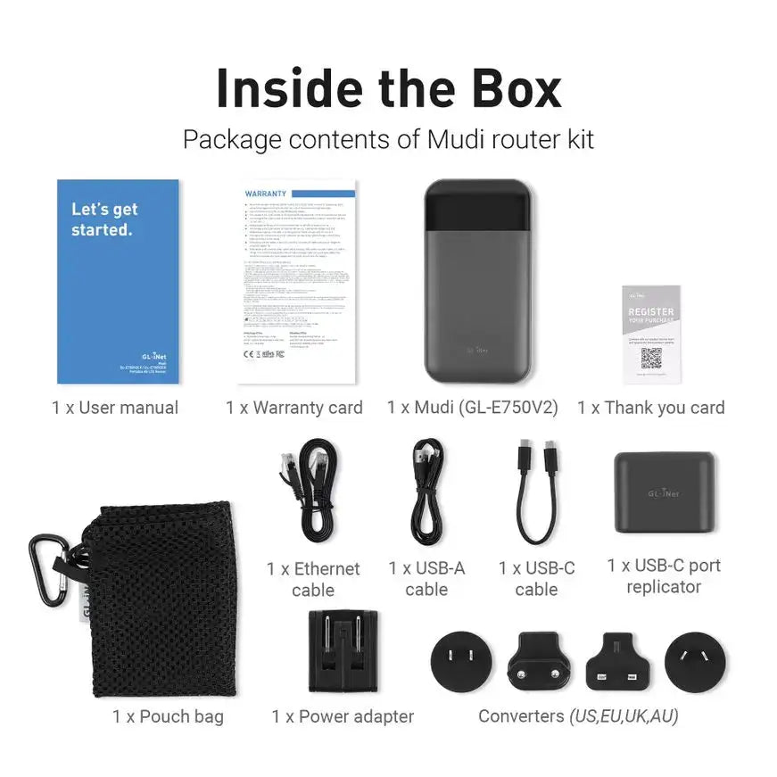 GL.iNet GL-E750V2 EM060K-G MUDI 4G LTE Portable Travel Router, Travel WiFi with SIM Card Slot, OpenWrt OpenVPN WireGuard, 7000mAh 8-hour battery, 300 plus 433Mbps Wi-Fi, 285g pocket travel size
