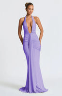 Mozision Deep V Neck Draped Maxi Dresses for Women Halter Backless Club Elegance