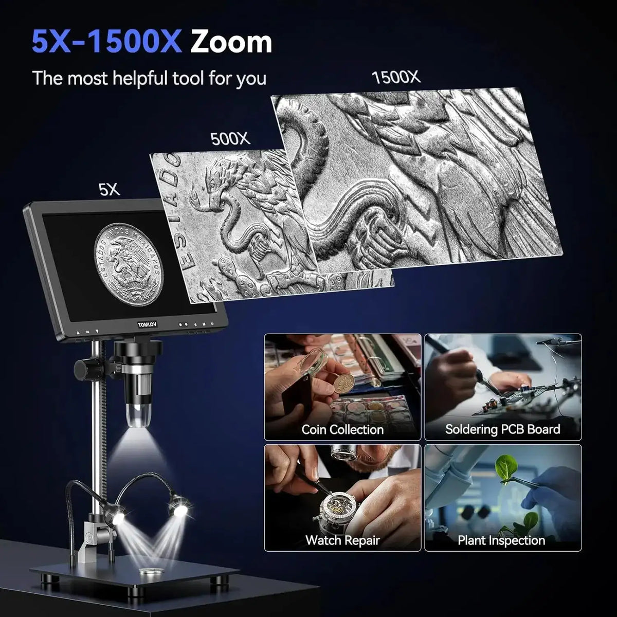 TOMLOV HDMI Digital Microscope 1500X DM9 Max 10.1" HD IPS 20MP Coin Microscope for Error Coins LCD Soldering Magnifier for Adult