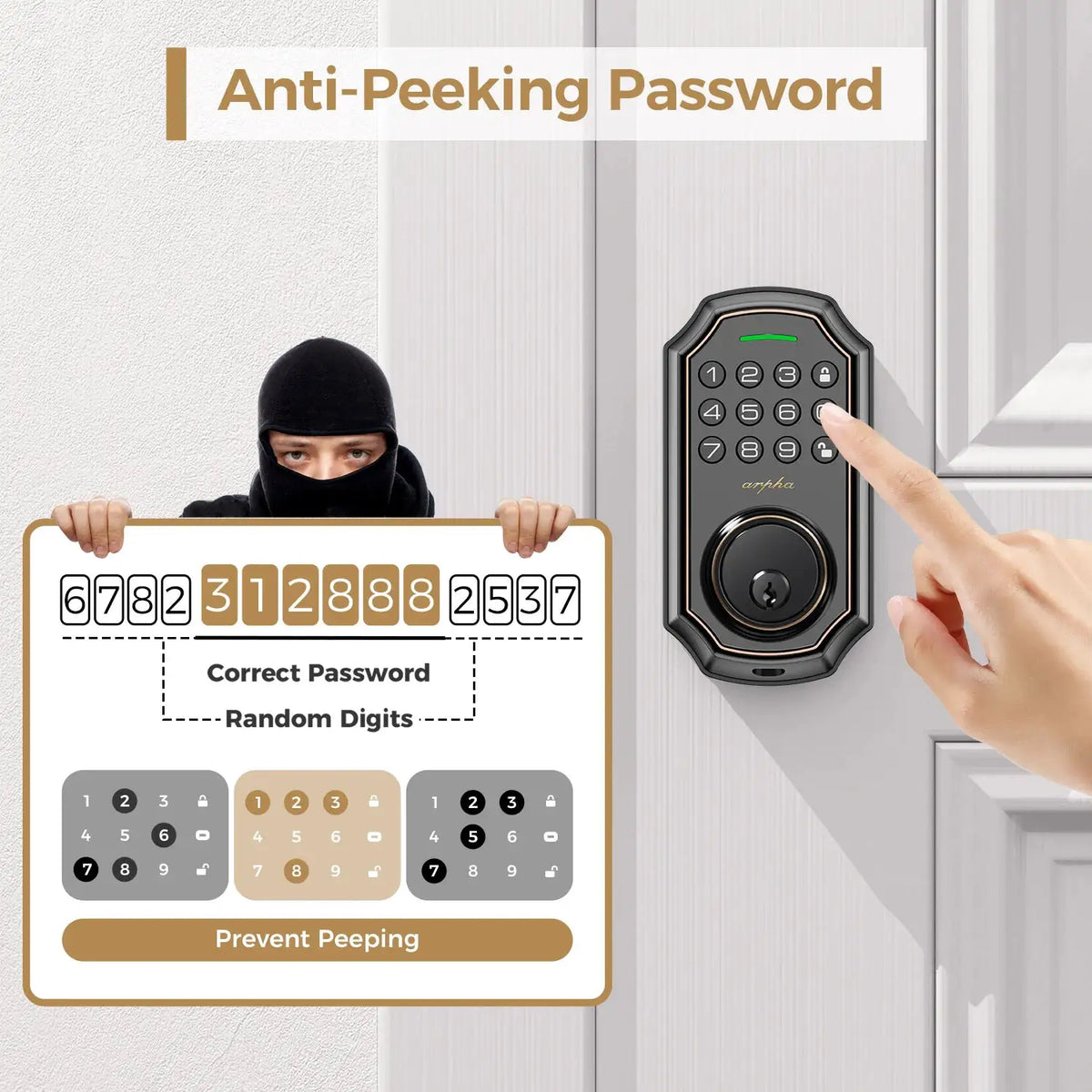 1/2/4PCS Arpha Smart Door Lock Keyless Entry Keypad Electronic Deadbolt WiFi Door Lock with Tuya App Control Auto Lock One-Time Password Anti-Peeping Passcode Battery Powered for Home Front Door