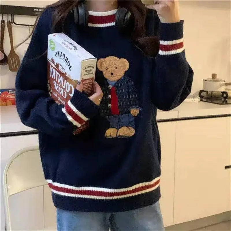 Japanese Cartoon Bear Knit Vest Oversized Cozy Autumn Style