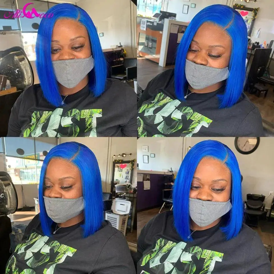 Stunning Blue Bob Wig With Transparent Lace Front 13x4