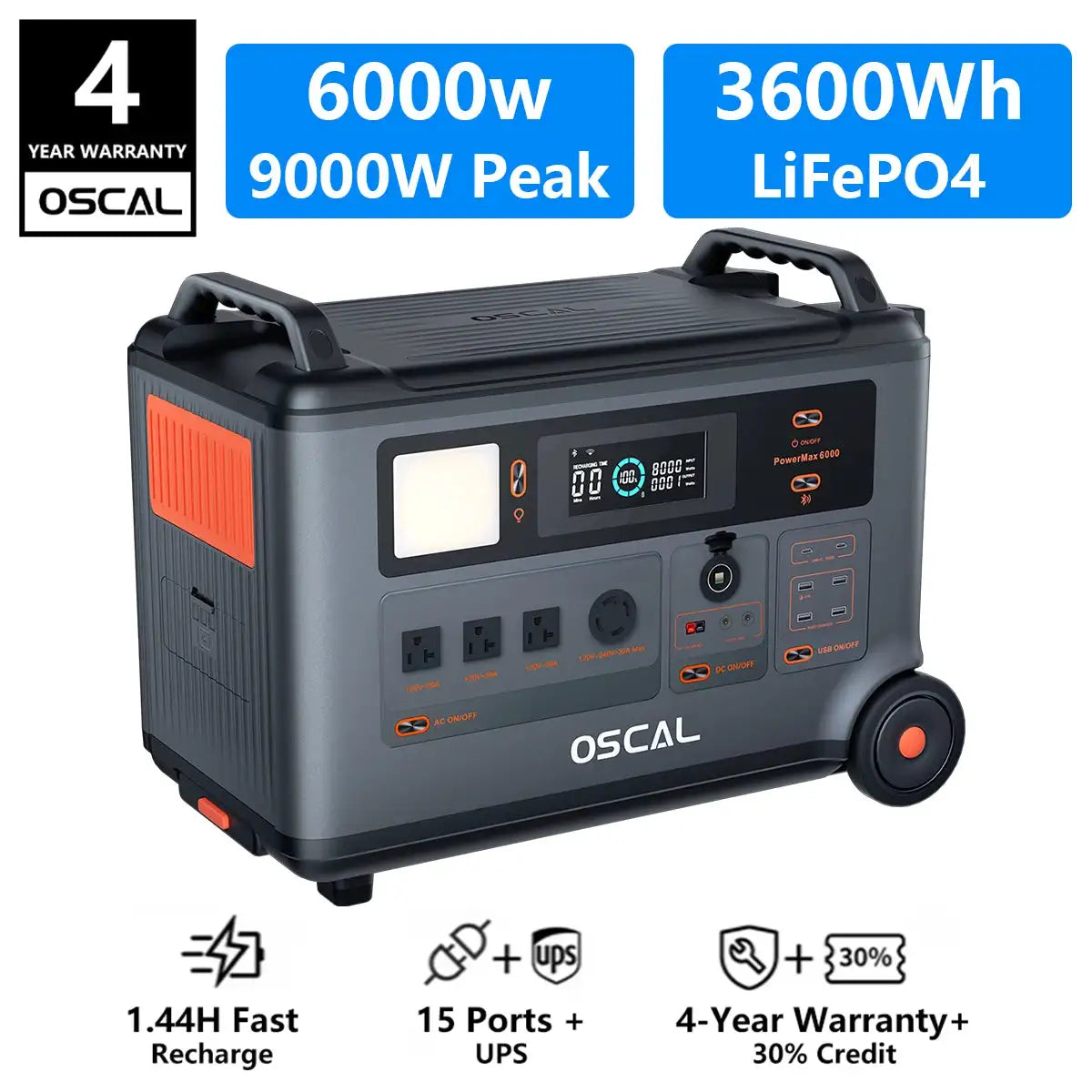 （PM6000）Oscal 6000W Portable Power Station, 3600Wh LiFePO4 Solar Generator, 9000W Surge, 1.5H Fast Charge, Bi-Directional Inverter for Home Emergency Camping Hurricane Backup RV Off-Grid
