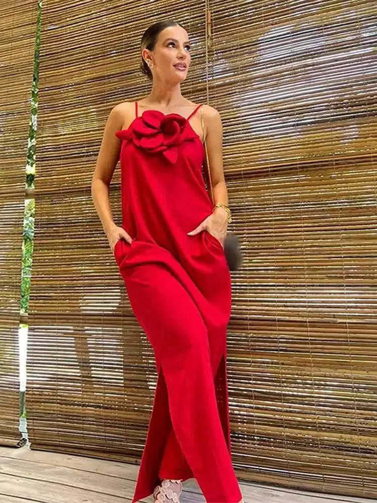 Elegant Crimson Floral Midi Dress For Partywear Glamour