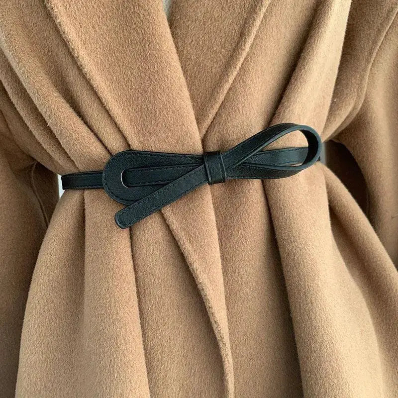 Luxurious Black Coffee Thin Knot Womens Leather Belt