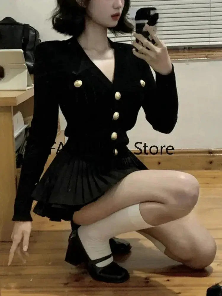Elegant Two Piece Skirt Set French Knit Top Mini Skirt