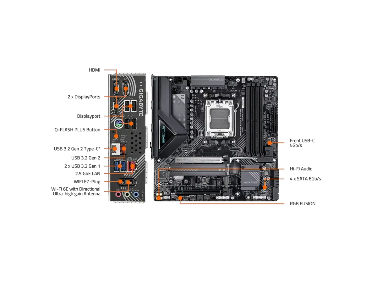 GIGABYTE B850M EAGLE WIFI6E AMD AM5 Motherboard, M-ATX, DDR5, 2x M.2, PCIe 5.0, USB-C, USB 3.2 Gen 2, WIFI6E, 2.5GbE LAN, EZ-Latch, Wi-Fi EZ-Plug