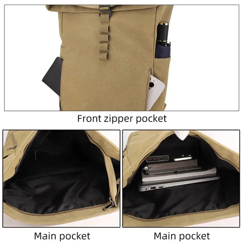 Rolled Roll Top Backpack Travel 15.6in Laptop Business Rucksack Outdoor Hiking School Bag Canvas Weekend Luggage Storage Bags