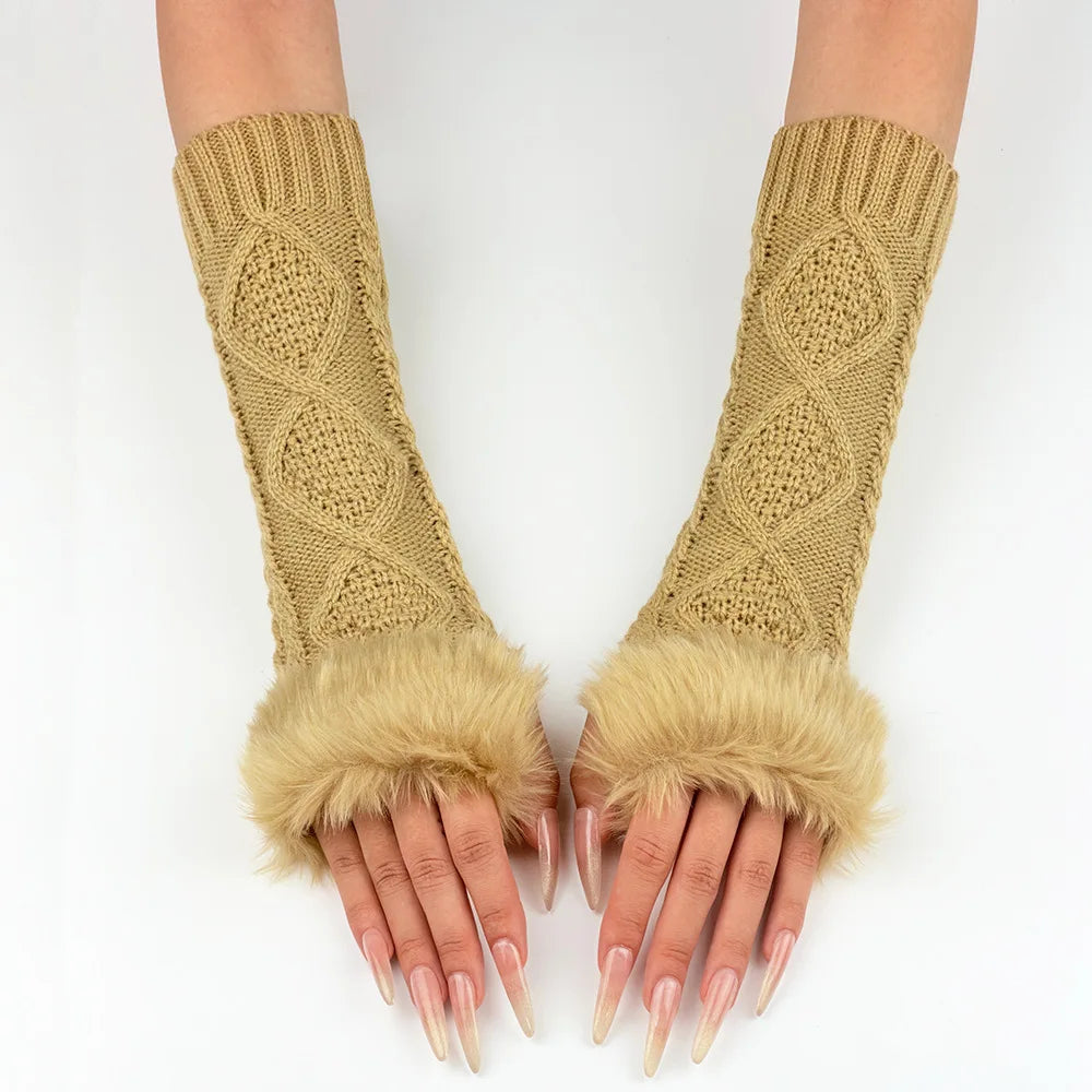 Faux Fur Trim Fingerless Mitts