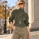 Belted Notched Lapel Zip Jacket