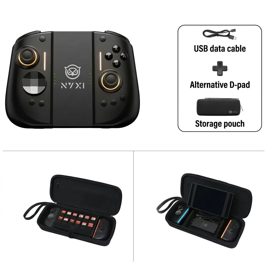 NYXI Hyperion 3 handheld gaming controller shown with a carrying case, plus included accessories: a data cable, a replacement D-pad, and a storage bag. The main product is a black controller with gold and white accents, and the carrying case is also black.