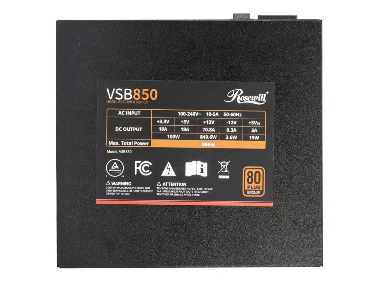 Rosewill VSB 850W 80+ Bronze, ATX 3.0 & 3.1 Compatible, Semi-Modular Power Supply, PCIe 5.1 12V-2x6 Connector, 105°C/221°F Japanese Capacitor, 120mm ICB Silent Fan - 5 Year Warranty - VSB850