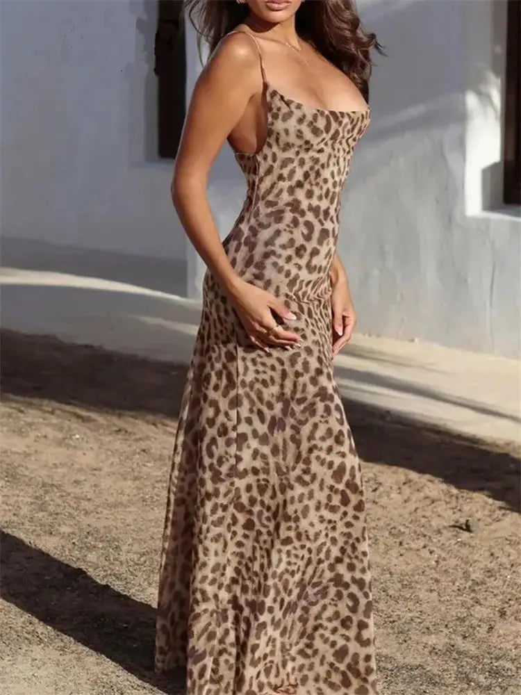MUJER Leopard Print Tulle Slip Dress Woman Backless Summer Long Dresses For Women Vintage Sexy Party Dresses Midi Holiday Dress
